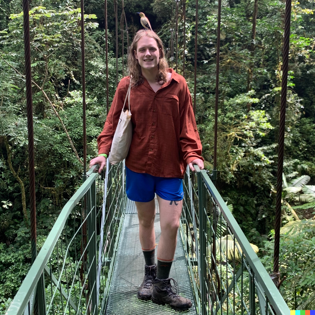 Picture of me standing on a metal bridge suspended over the rainforest. An AI-generated bird is sitting on my head.