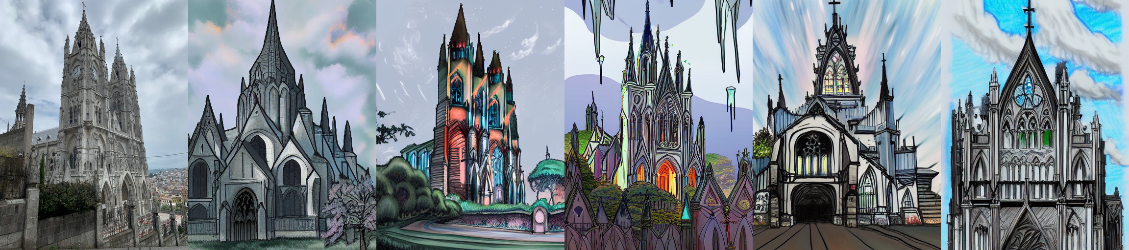 left: picture of a gothic cathedral; right: 5 ai-generated variations on that image in colorful illustrated style