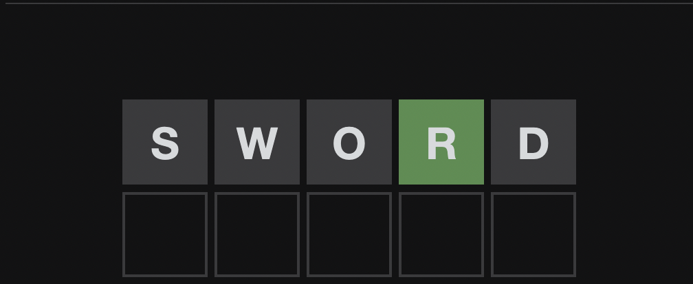 guessing 'SWORD'; the letter 'R' is green, and all the others are gray