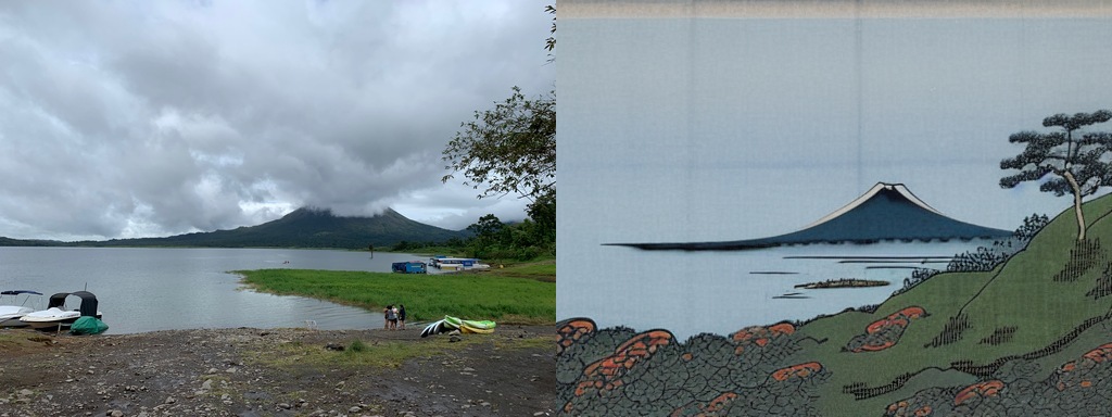 left: a picture of a volcano over a lake. right: ai-generated japanese ukiyo-e print of the image on the left.