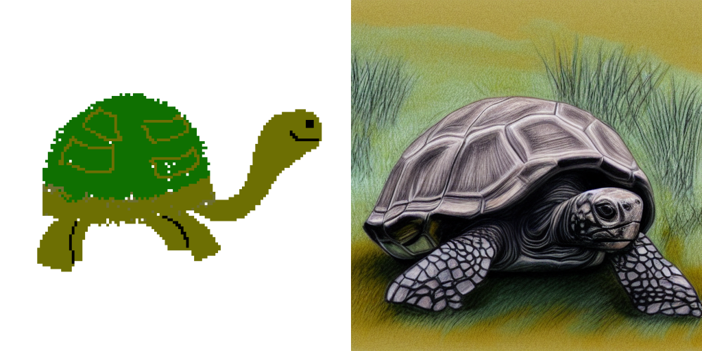 left: a poorly-down pixel art rendering of a tortoise. right: a much more appealing ai-generated sketch of a tortoise