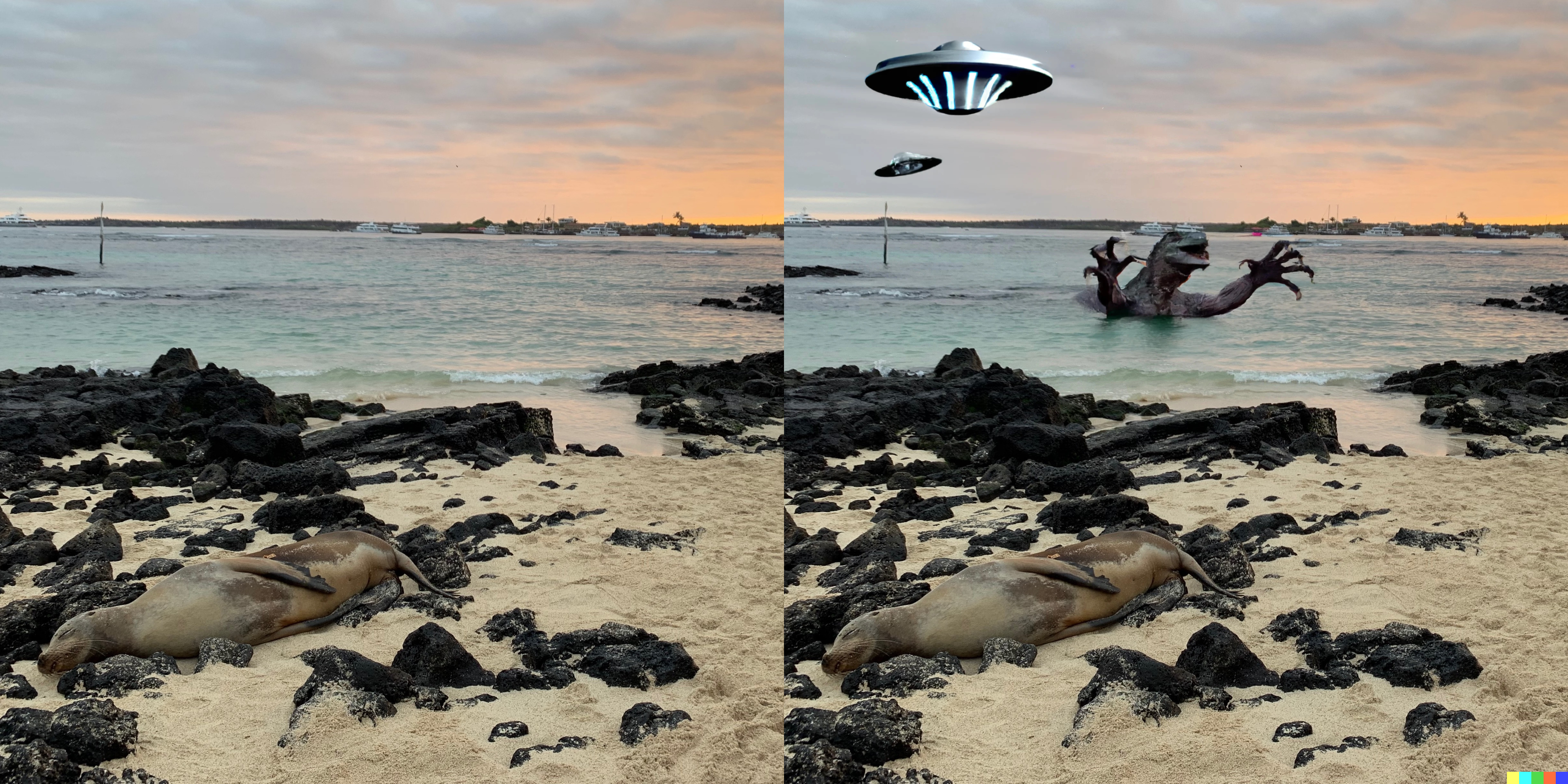 left: a sea lion sleeping on the beach at sunset; right: the same image with UFOs in the sky and a sea monster in the water