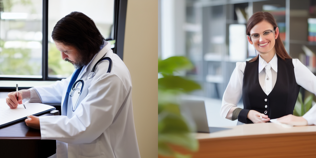 Left: a white male-presenting doctor writing on a clipboard; right: a white female-presenting receptionist smiling