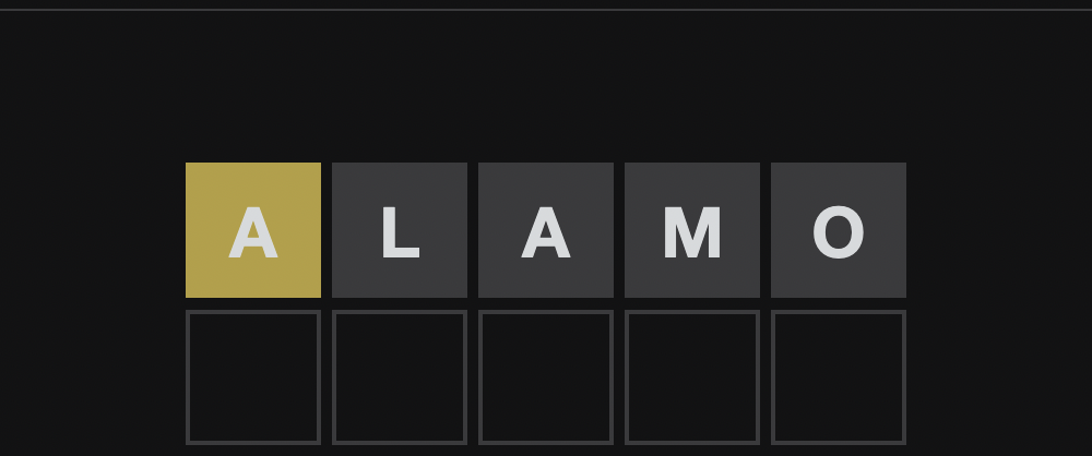 guessing 'ALAMO'; the first A is yellow, all others are gray