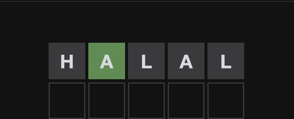 guessing 'HALAL'; the first A is green, all others are gray